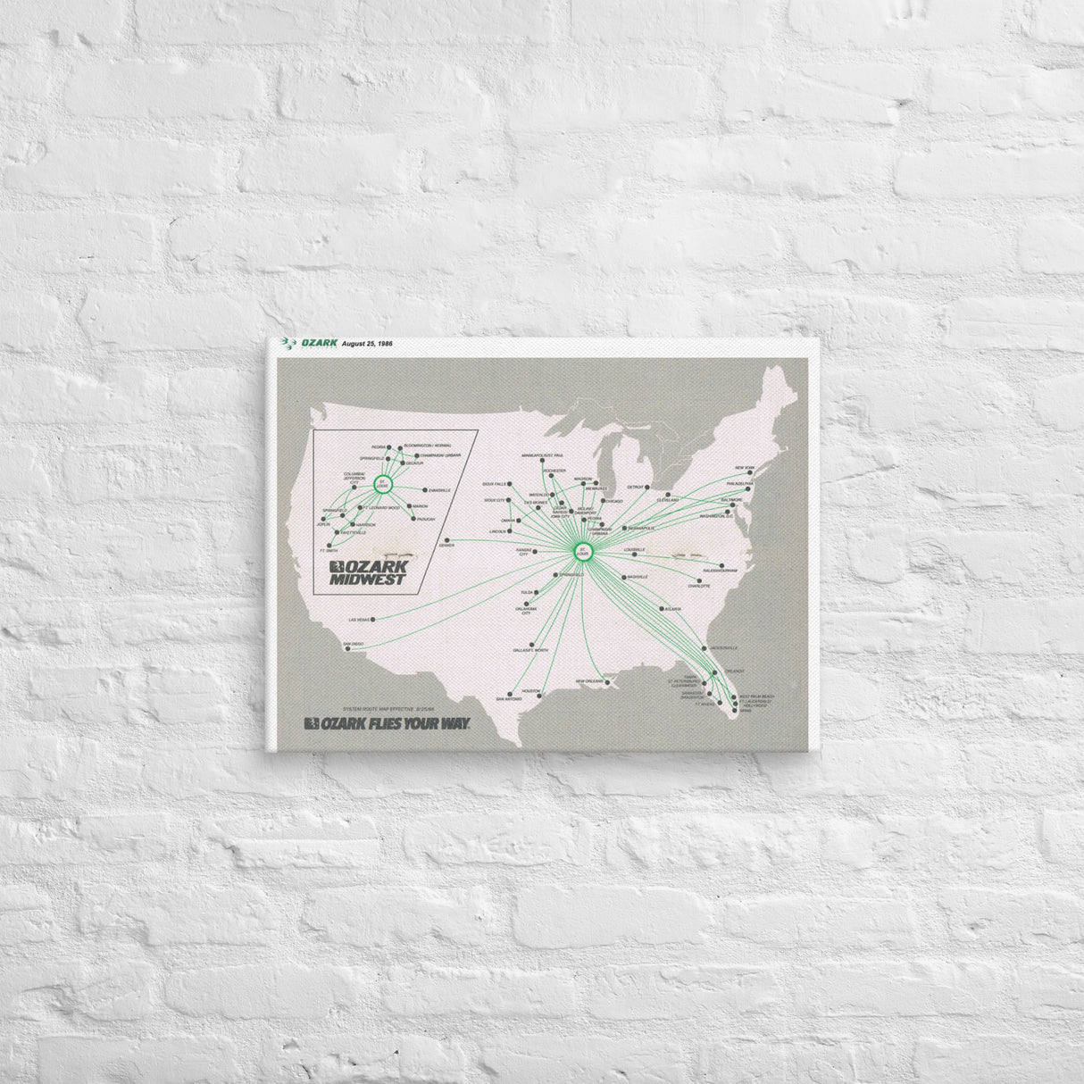 Ozark Airlines August 1986 Airline Map Canvas
