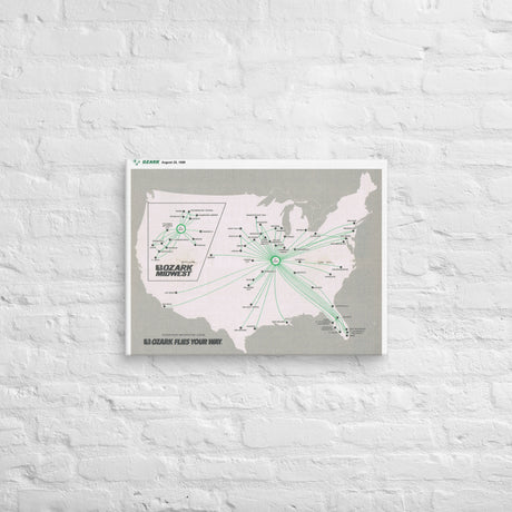Ozark Airlines August 1986 Airline Map Canvas