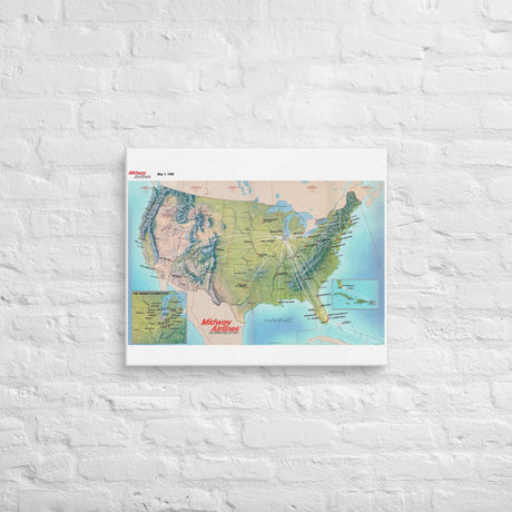Midway Airlines May 1989 Airline Map Canvas