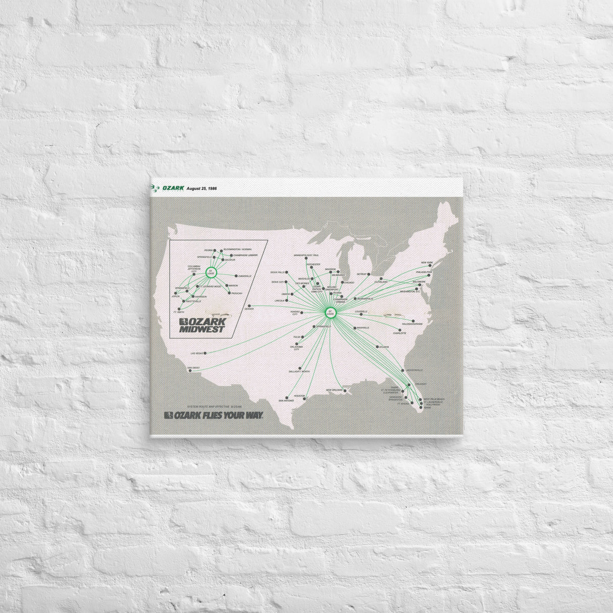 Ozark Airlines August 1986 Airline Map Canvas