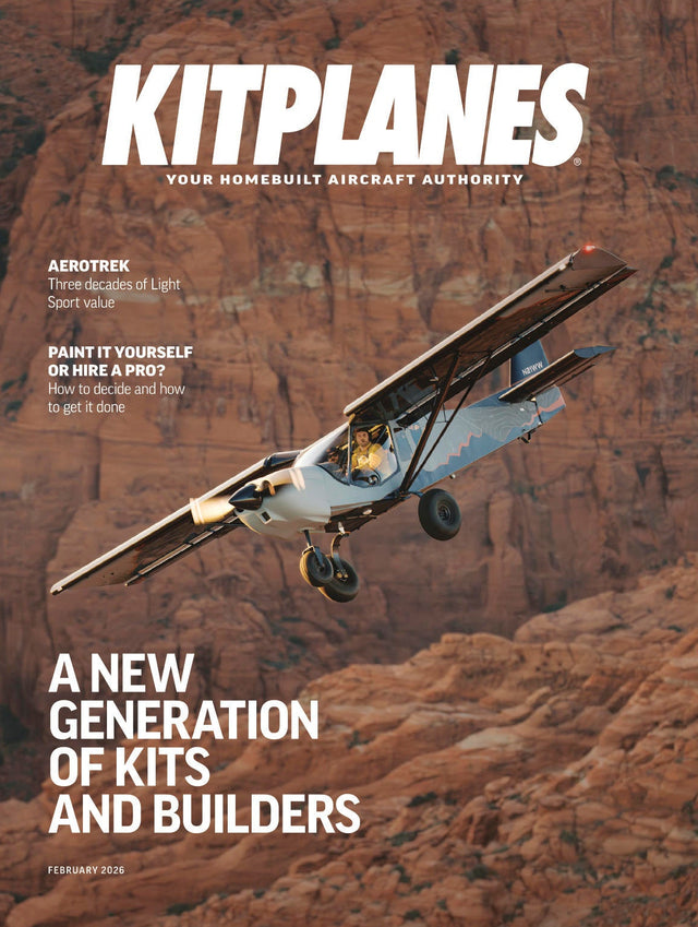 Magazine cover featuring a homebuilt aircraft with 'Kitplanes' branding and desert landscape.